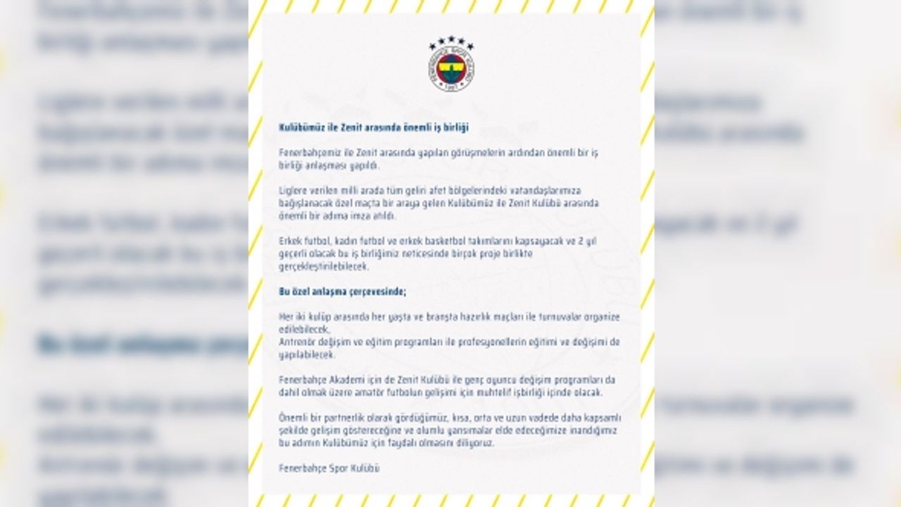 Fenerbahçe, Zenit ile 2 yıllık iş birliği anlaşması yaptı