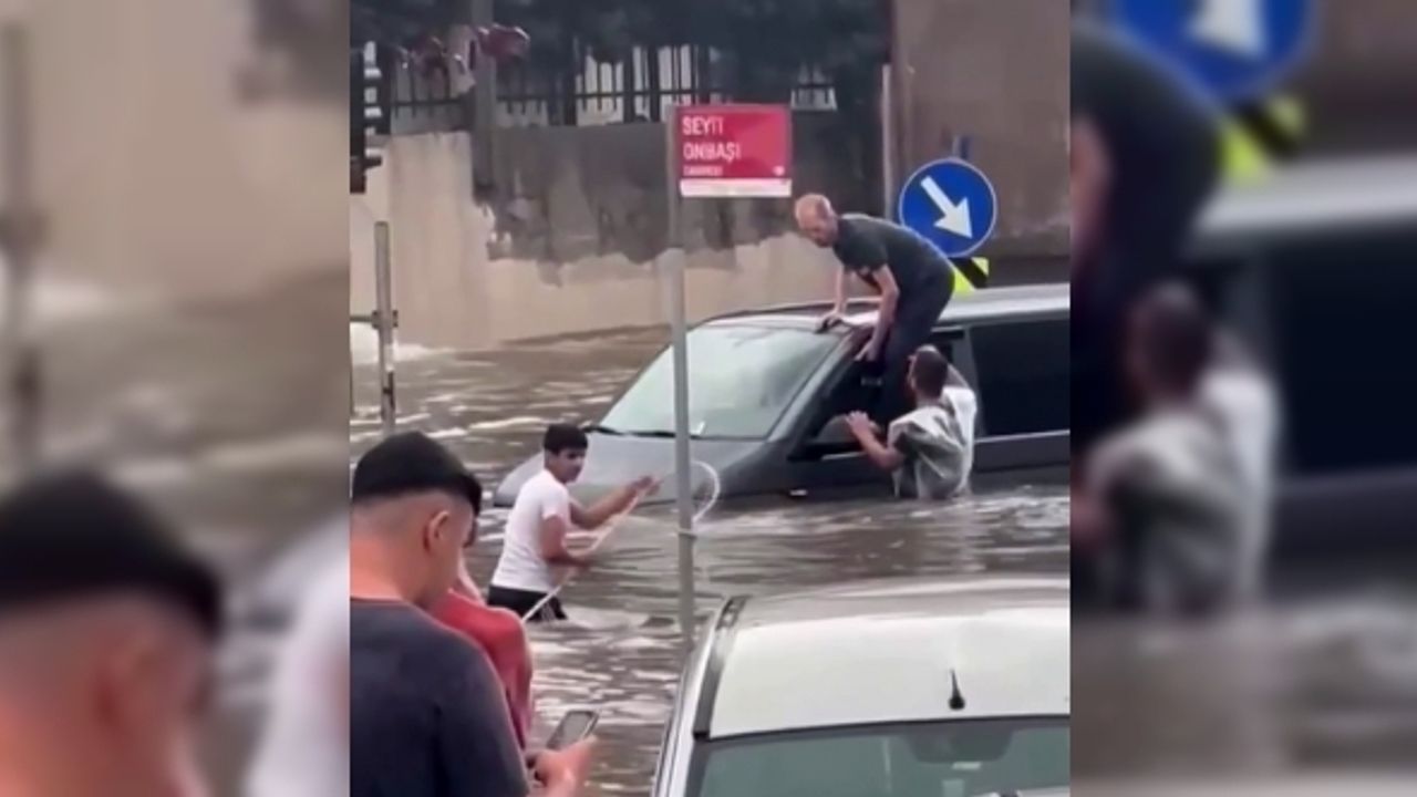 Başakşehir’de bir vatandaş aracı suda sürüklenmesin diye direğe bağladı