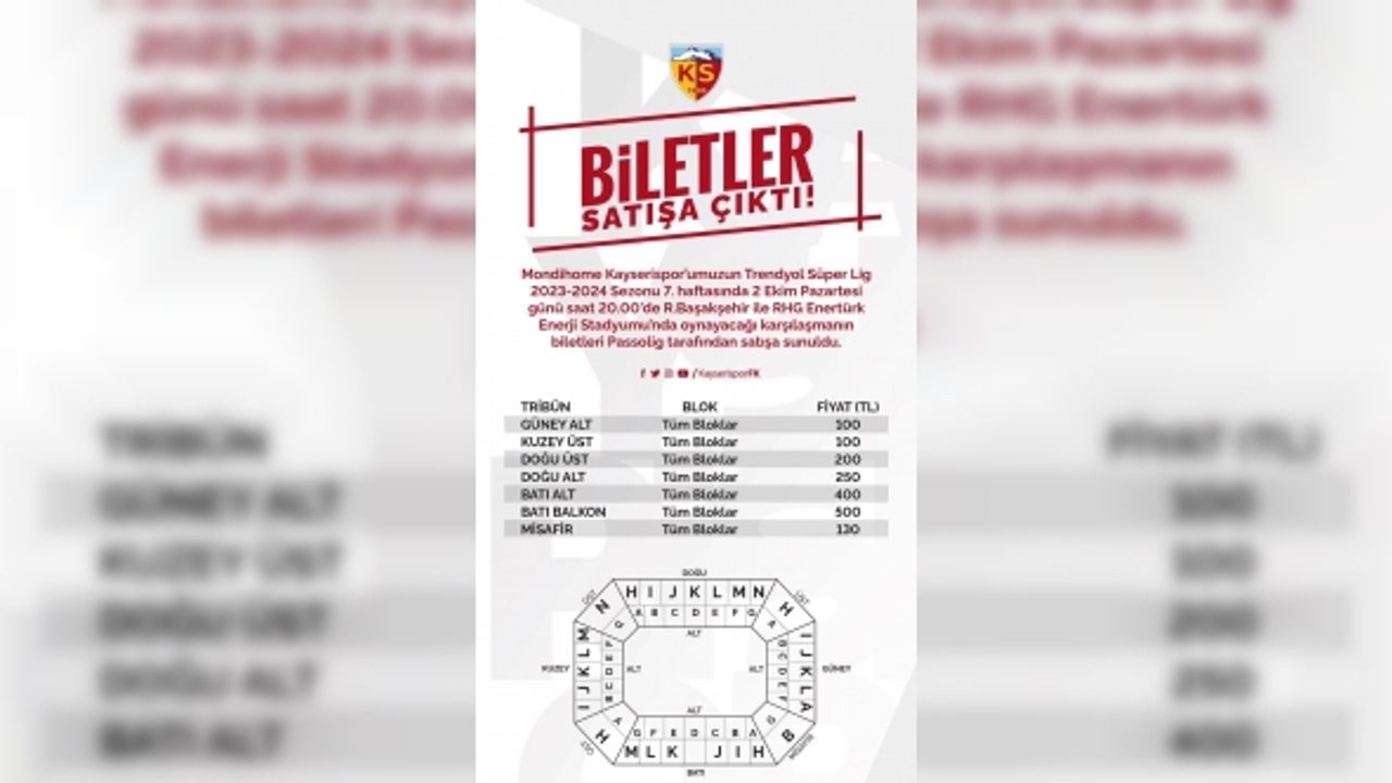 Kayserispor-Başakşehir maçının bilet fiyatları belli oldu