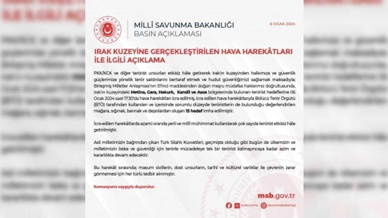 MSB: “Kuzey Irak’ta bölücü terör örgütü tarafından kullanılan 15 hedef imha edildi”