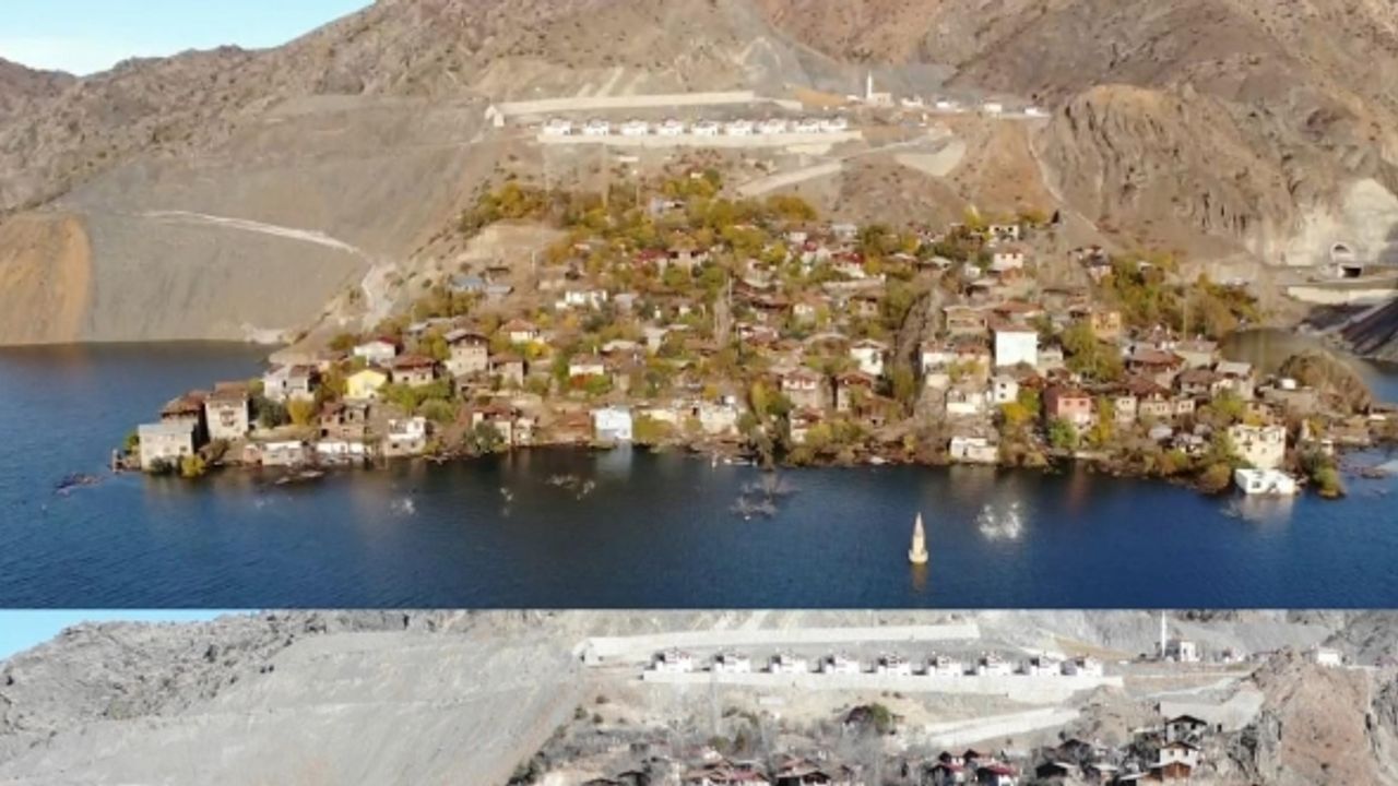 Yusufeli Barajı’nın yapılması ile sular altında kalan köy baraj suları çekilince yeniden ortaya çıktı