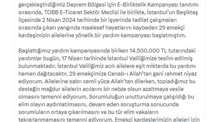 Ticaret Bakanı Bolat açıkladı: "Beşiktaş’taki yangın faciasında hayatını kaybeden 29 işçi için 14 milyon 500 bin TL toplandı"