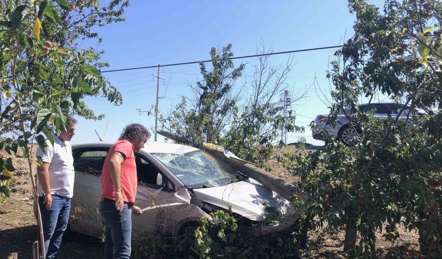 Önce direğe çarptı, sonra bağ evinin bahçesine daldı